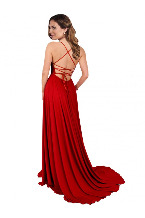Rojo línea A Tirantes espagueti Cuadrado Spandex Encaje Largo Vestidos de dama de honor / Vestidos de fiesta