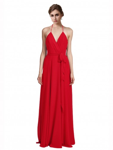 Rojo línea A Tirantes espagueti Halter Cuello en V Gasa Largo Vestidos de dama de honor