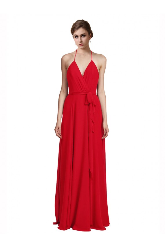 Rojo línea A Tirantes espagueti Halter Cuello en V Gasa Largo Vestidos de dama de honor