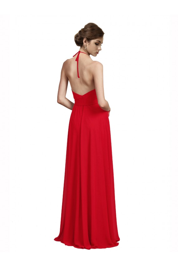 Rojo línea A Tirantes espagueti Halter Cuello en V Gasa Largo Vestidos de dama de honor