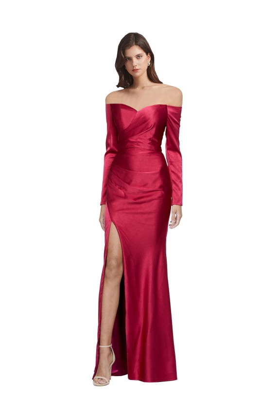 Rojo oscuro Cubierta Cuello de Corazón Satén elástico Largo Formales Vestidos de dama de honor / Vestidos de fiesta