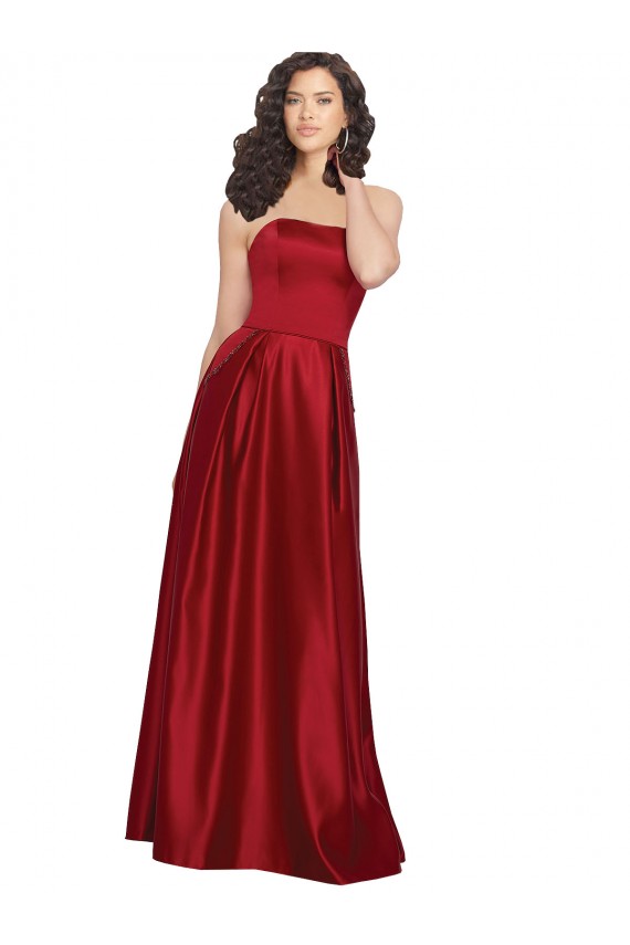 Rojo oscuro línea A Sin tirantes Satén Largo Vestidos de dama de honor / Vestidos de fiesta