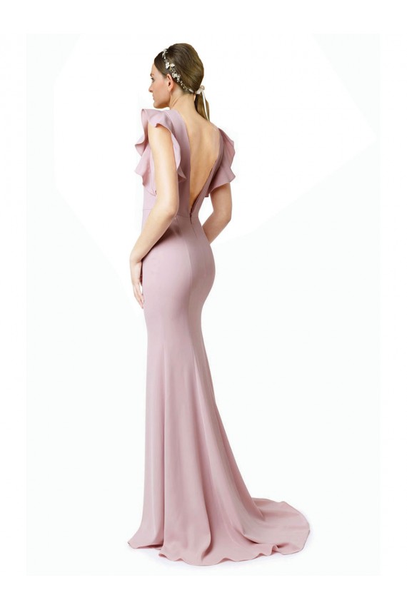Rosa Sirena Cuello joya Barrer tren Crepé Elástico Largo Vestidos de dama de honor / Vestidos de fiesta