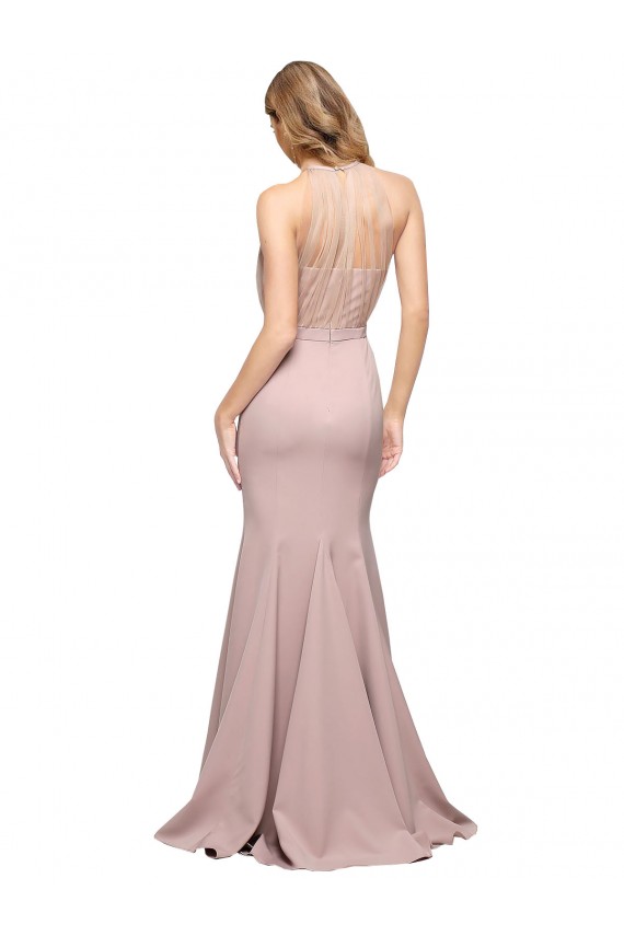 Rosa empolvado Cubierta Cuello Alto Barrer tren Crepé Elástico Largo Formales Vestidos de dama de honor / Vestidos de fiesta