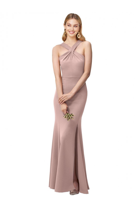 Rosa empolvado Cubierta Halter Cuello Alto Crepé Elástico Largo Vestidos de dama de honor / Vestidos de fiesta