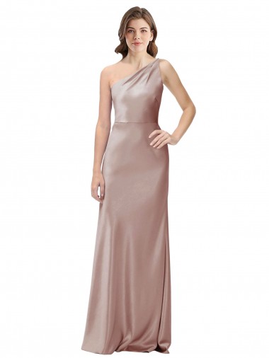 Rosa empolvado Cubierta Un Hombre Satén elástico Largo Formales Vestidos de dama de honor / Vestidos de fiesta
