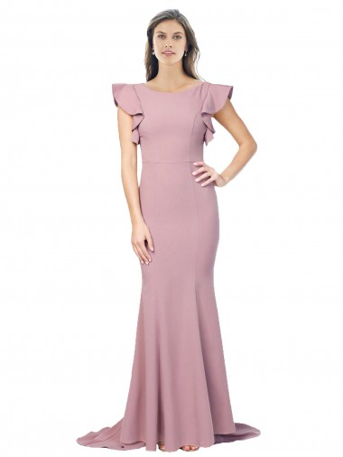 Rosa empolvado Sirena Cuello redondo Barrer tren Crepé Elástico Largo Formales Vestidos de dama de honor / Vestidos de fiesta