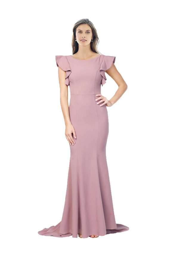 Rosa empolvado Sirena Cuello redondo Barrer tren Crepé Elástico Largo Formales Vestidos de dama de honor / Vestidos de fiesta