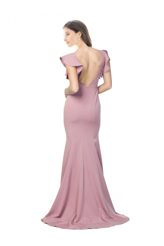 Rosa empolvado Sirena Cuello redondo Barrer tren Crepé Elástico Largo Formales Vestidos de dama de honor / Vestidos de fiesta