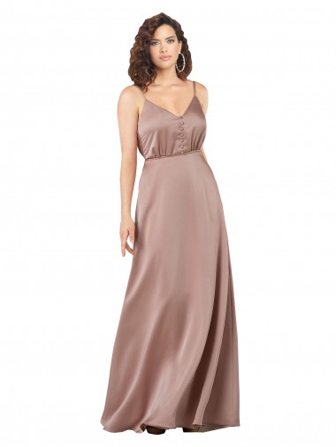 Rosa empolvado línea A Cuello en V Cuello de Corazón Satén sedoso Largo Formales Vestidos de dama de honor / Vestidos de noche
