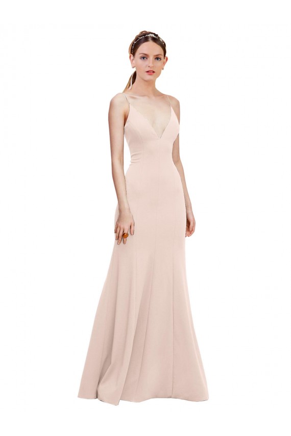 Rosa línea A Cuello en V Crepé Elástico Largo Formales Vestidos de dama de honor / Vestidos de fiesta