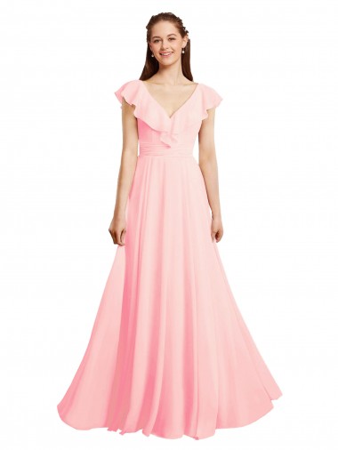 Rosa línea A Cuello en V Gasa Largo Vestidos de dama de honor
