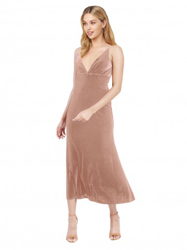 Rosa línea A Cuello en V Midi Terciopelo Elástico Corto Vestidos de dama de honor / Vestidos de fiesta / Vestidos de cóctel