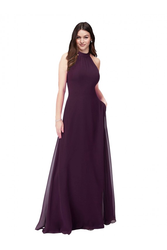 Uva línea A Halter Cuello Alto Gasa Largo Vestidos de dama de honor