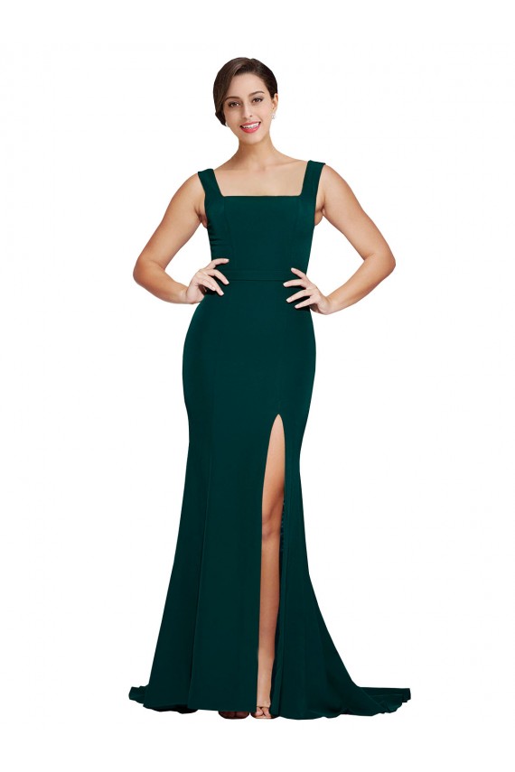 Verde Midnight Cubierta Cuadrado Barrer tren Crepé Elástico Largo Vestidos de dama de honor / Vestidos de fiesta