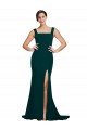 Verde Midnight Cubierta Cuadrado Barrer tren Crepé Elástico Largo Vestidos de dama de honor / Vestidos de fiesta