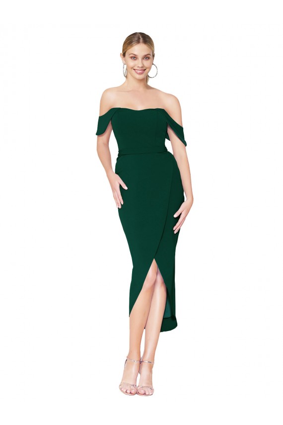 Verde Midnight Sirena Hombros Descubiertos Crepé Elástico Corto Asimétrico Formales Vestidos de dama de honor / Vestidos de fiesta / Vestidos de cóctel