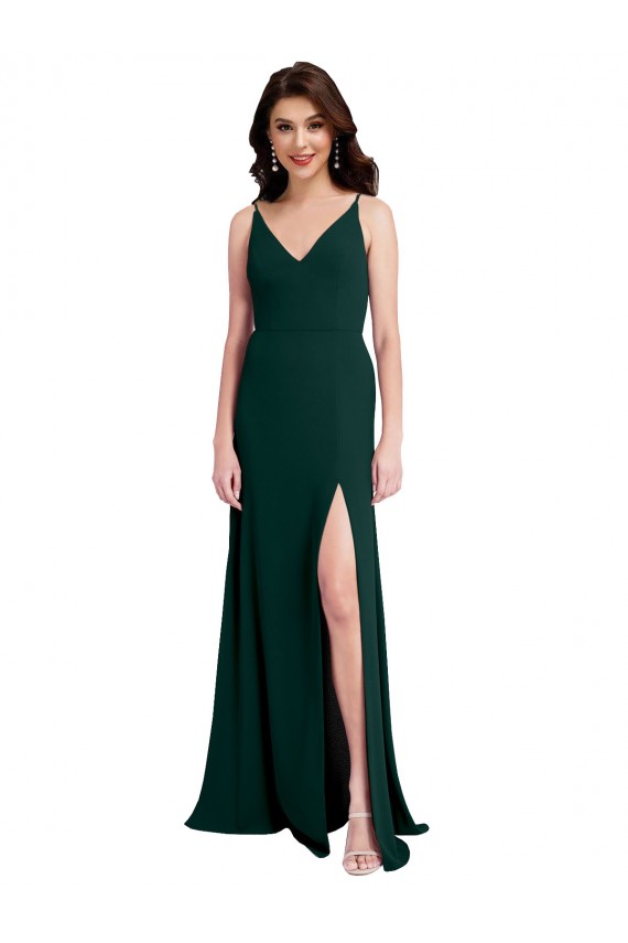 Verde Midnight línea A Cuello en V Crepé Elástico Largo Formales Vestidos de dama de honor / Vestidos de fiesta