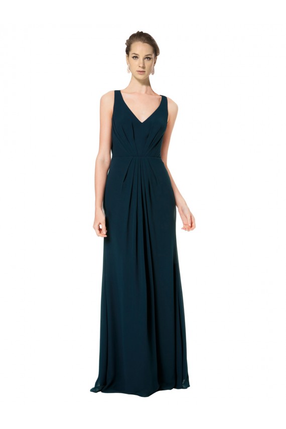 Verde Midnight línea A Cuello en V Gasa Largo Vestidos de dama de honor