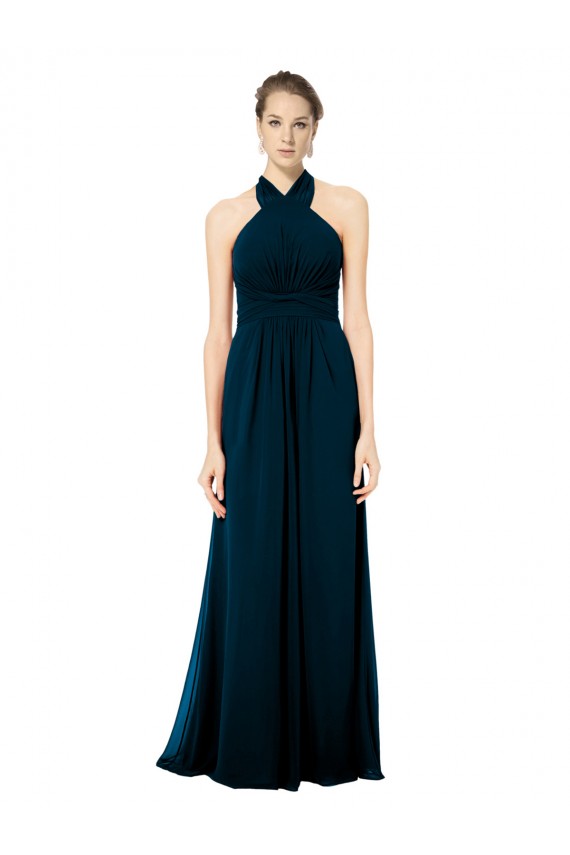 Verde Midnight línea A Halter Gasa Largo Vestidos de dama de honor
