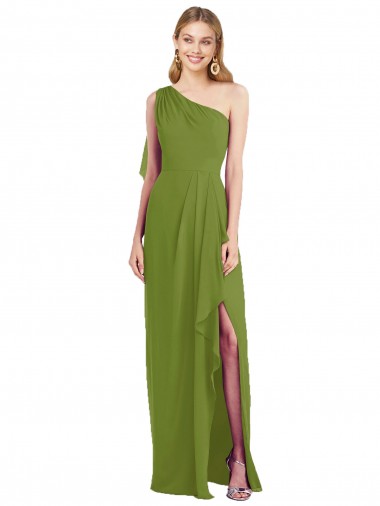 Verde Oliva Trompeta Un Hombre Gasa Largo Vestidos de dama de honor