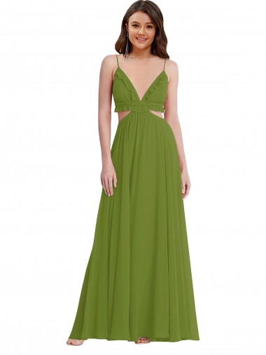 Verde Oliva línea A Cuello en V Gasa Largo Vestidos de dama de honor