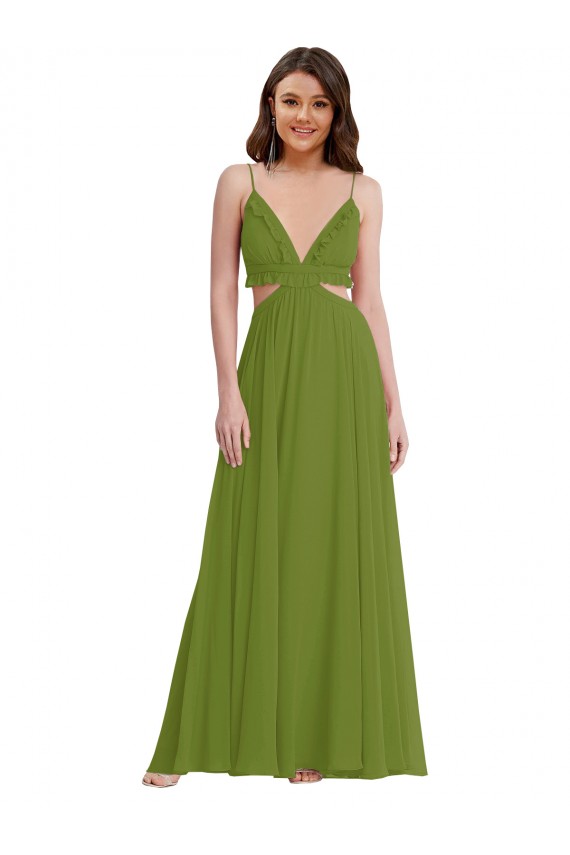 Verde Oliva línea A Cuello en V Gasa Largo Vestidos de dama de honor