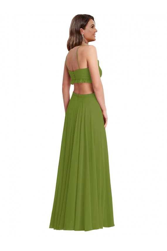 Verde Oliva línea A Cuello en V Gasa Largo Vestidos de dama de honor