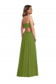Verde Oliva línea A Cuello en V Gasa Largo Vestidos de dama de honor