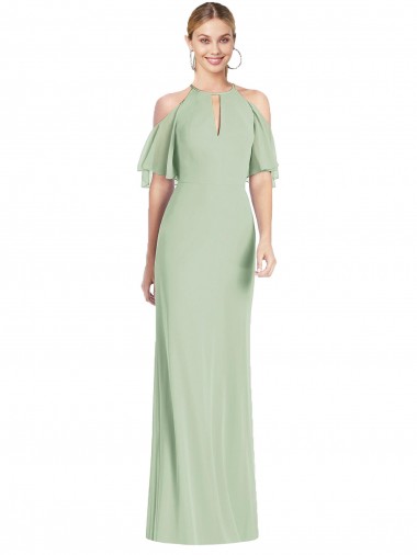Verde Salvia Sirena Halter Gasa Largo Vestidos de dama de honor