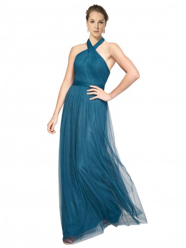 Verde azulado línea A Halter Cuello Alto Tul Largo Vestidos de dama de honor