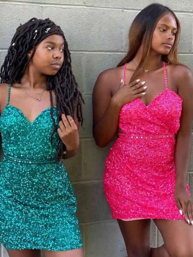 Verde oscuro Cubierta Cuello en V Corto Lentejuelas Terciopelo Corto Vestidos de fiesta