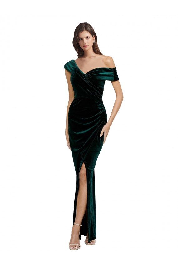 Verde oscuro Cubierta Hombros Descubiertos Terciopelo Elástico Largo Asimétrico Formales Vestidos de dama de honor / Vestidos de fiesta