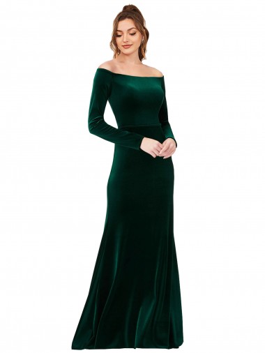 Verde oscuro Cubierta Hombros Descubiertos Terciopelo Elástico Largo Formales Vestidos de dama de honor / Vestidos de fiesta