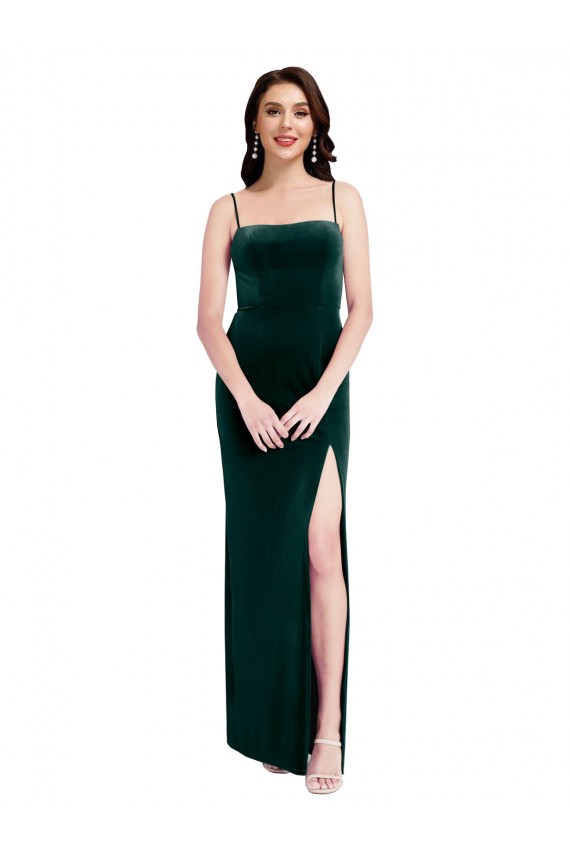 Verde oscuro Cubierta Tirantes espagueti Cuadrado Terciopelo Elástico Largo Vestidos de dama de honor / Vestidos de fiesta