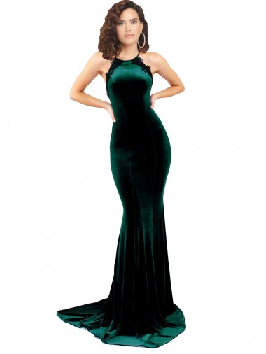 Verde oscuro Sirena Cuello Alto Barrer tren Terciopelo Elástico Largo Formales Vestidos de dama de honor / Vestidos de fiesta