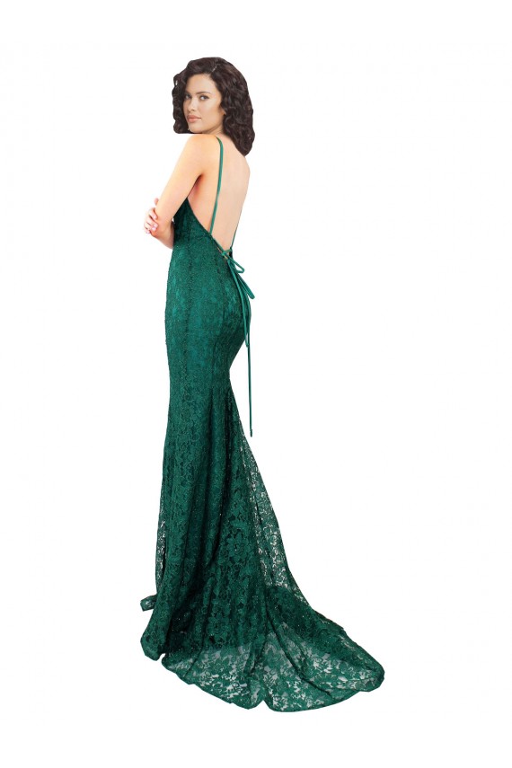 Verde oscuro Sirena Cuello en V Encaje Largo Vestidos de dama de honor / Vestidos de fiesta