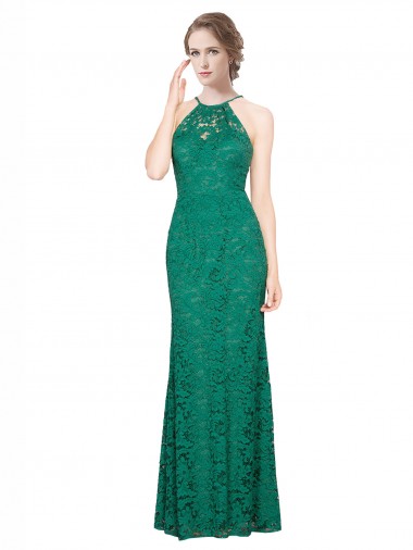 Verde oscuro Sirena Halter Cuello Alto Encaje Largo Vestidos de dama de honor / Vestidos de fiesta