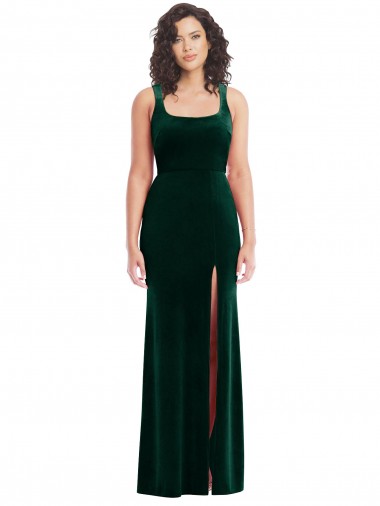 Verde oscuro Trompeta Cuadrado Terciopelo Elástico Largo Vestidos de dama de honor / Vestidos de fiesta