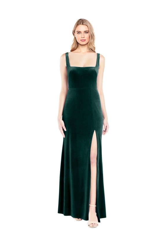 Verde oscuro línea A Cuadrado Terciopelo Elástico Largo Vestidos de dama de honor / Vestidos de fiesta