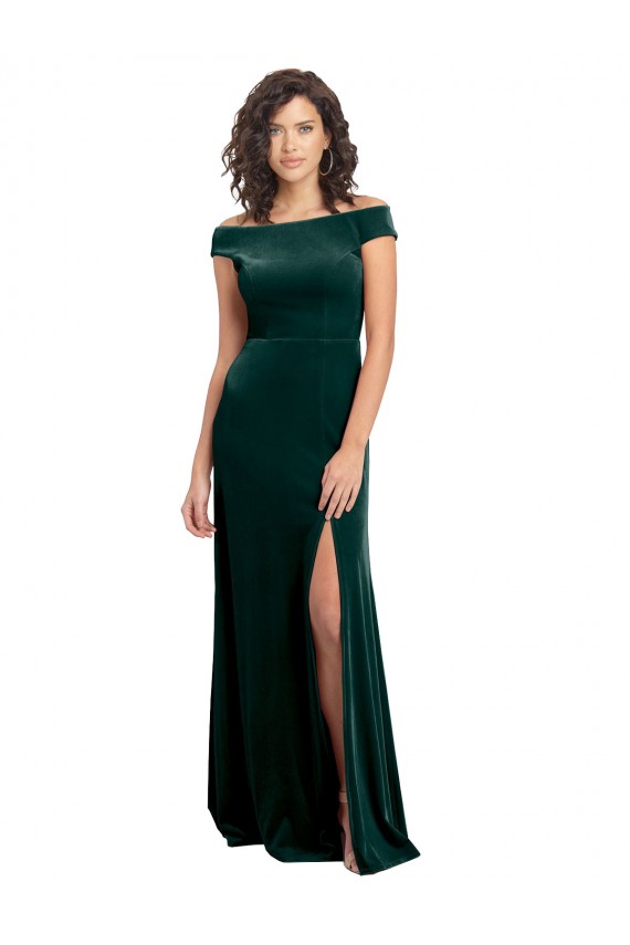 Verde oscuro línea A Cuadrado Terciopelo Elástico Largo Formales Vestidos de dama de honor / Vestidos de fiesta