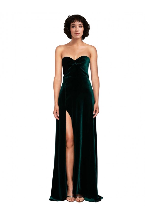 Verde oscuro línea A Cuello de Corazón Barrer tren Terciopelo Elástico Largo Vestidos de dama de honor / Vestidos de fiesta