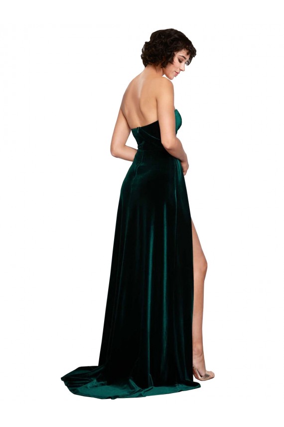 Verde oscuro línea A Cuello de Corazón Barrer tren Terciopelo Elástico Largo Vestidos de dama de honor / Vestidos de fiesta