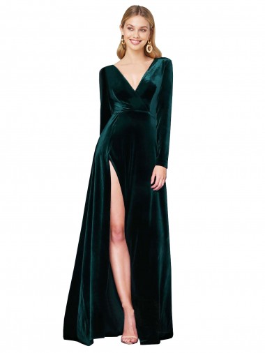 Verde oscuro línea A Cuello en V Barrer tren Terciopelo Elástico Largo Formales Vestidos de dama de honor / Vestidos de fiesta