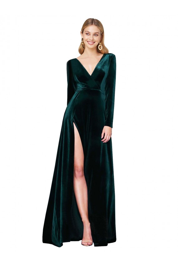 Verde oscuro línea A Cuello en V Barrer tren Terciopelo Elástico Largo Formales Vestidos de dama de honor / Vestidos de fiesta