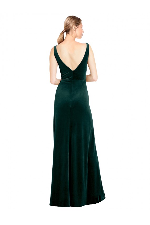 Verde oscuro línea A Cuello en V Terciopelo Elástico Largo Formales Vestidos de dama de honor / Vestidos de fiesta
