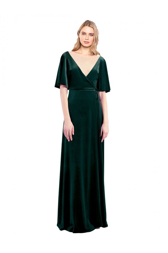 Verde oscuro línea A Cuello en V Terciopelo Elástico Largo Vestidos de dama de honor / Vestidos de fiesta