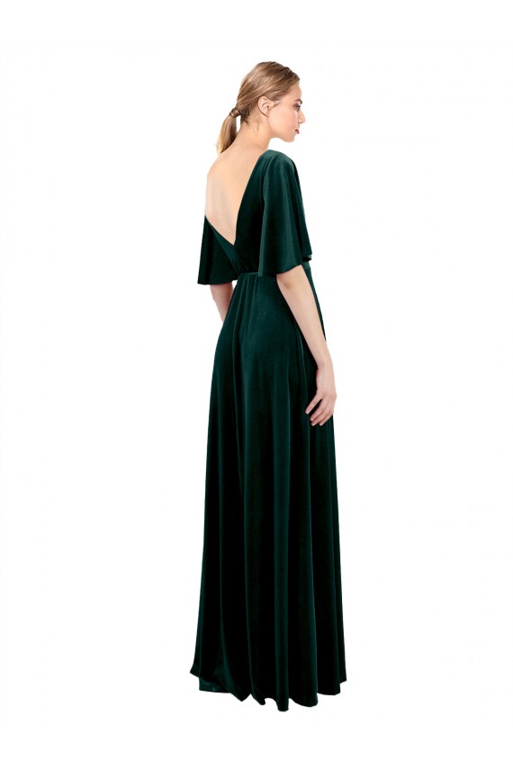 Verde oscuro línea A Cuello en V Terciopelo Elástico Largo Vestidos de dama de honor / Vestidos de fiesta