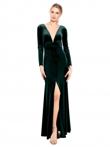 Verde oscuro línea A Cuello en V Terciopelo Elástico Largo Vestidos de dama de honor / Vestidos de fiesta