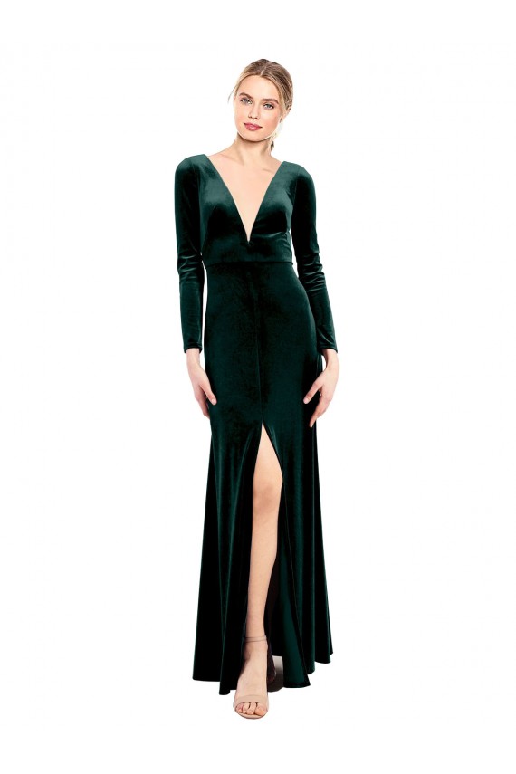 Verde oscuro línea A Cuello en V Terciopelo Elástico Largo Vestidos de dama de honor / Vestidos de fiesta